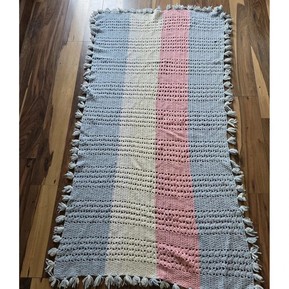 handmade crocheted baby blanket/afgan 34x63 pastel tassels Large